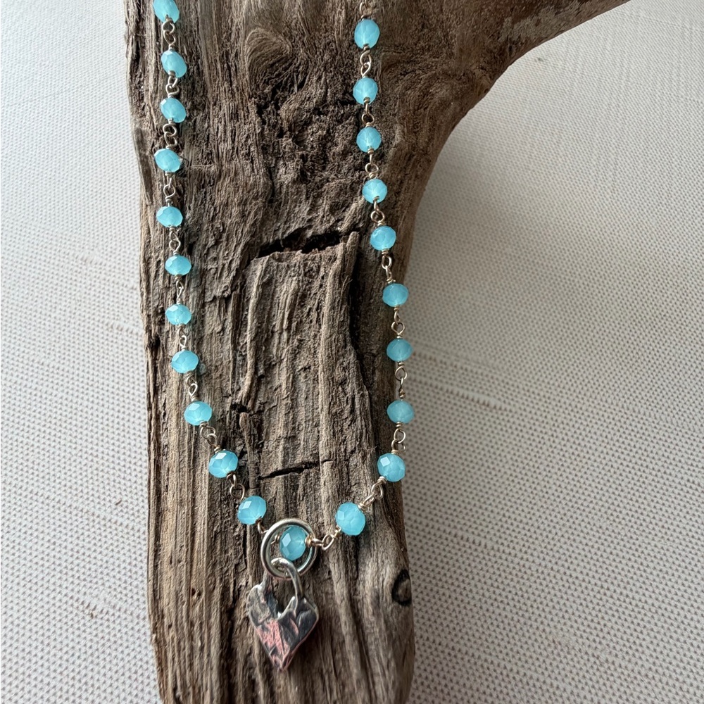 Elegant Silver Necklace with Blue Agate Beads and Artisan Heart Pendant